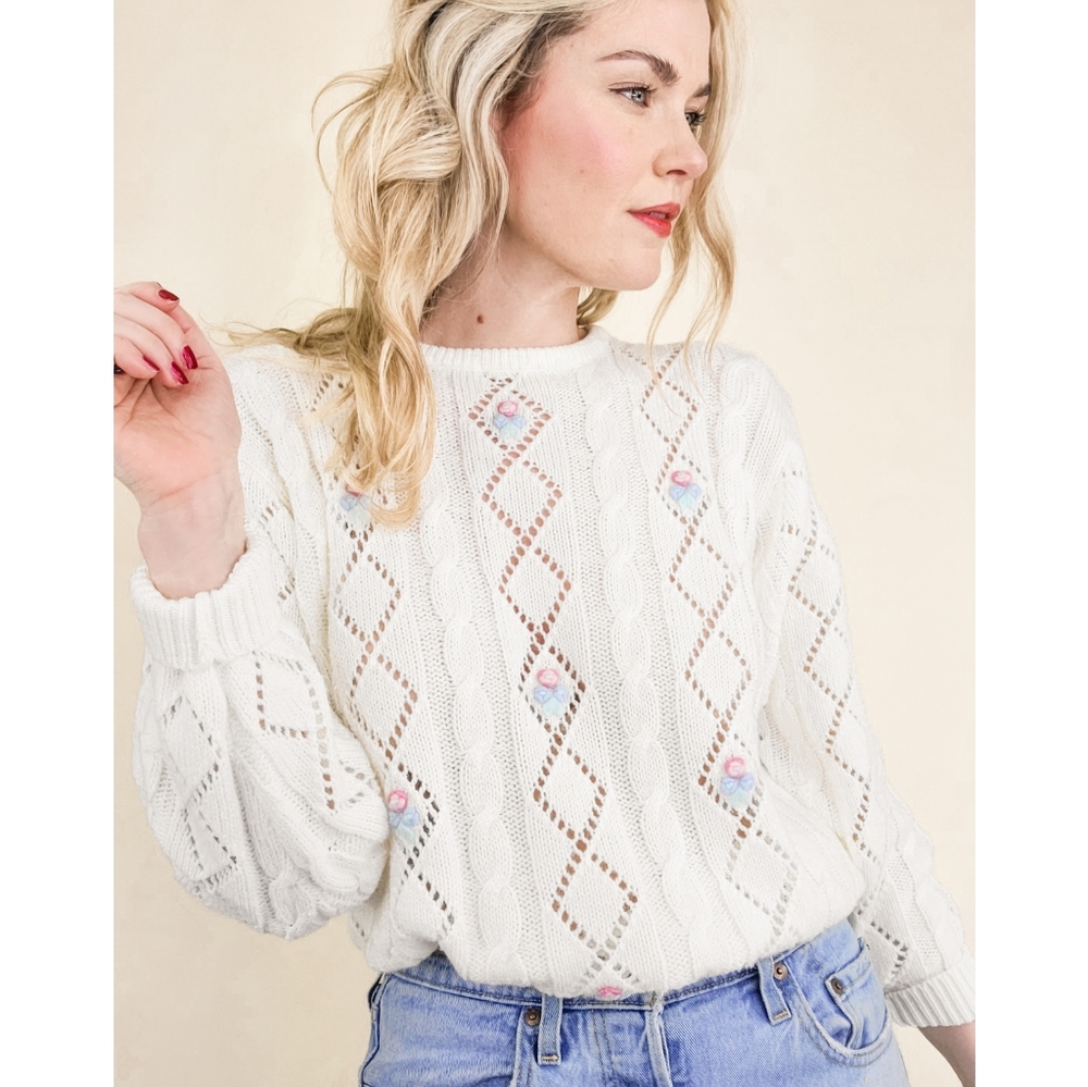 80s Ivory Floral Embroidered Pointelle VTG Sweater - Picture 11 of 16